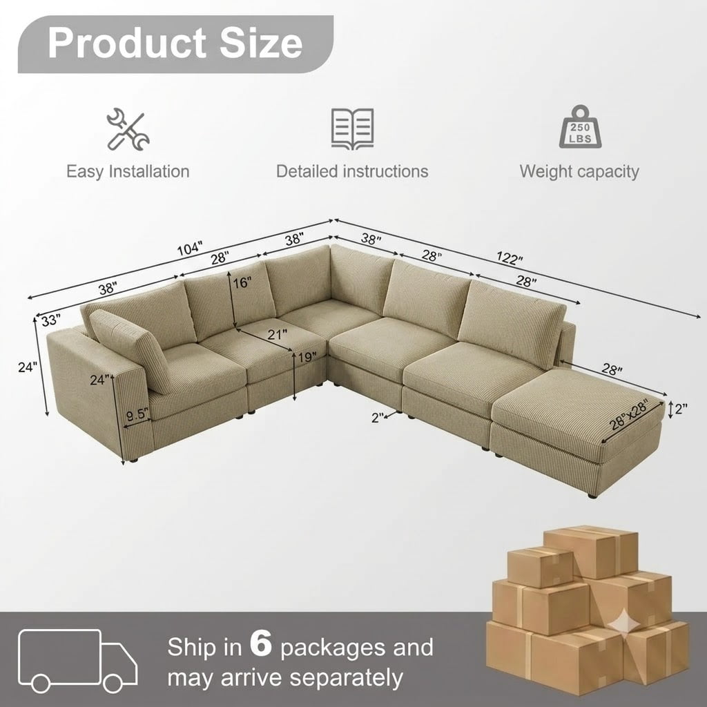 Howcool Cloud Couch Modular Sectional Sofa 6 Seat 122" L Shaped Reversible Convertible Couch, Corduroy Thick Cushion with Movable Ottomans, Washable Removable Cover for Living Room,Camel