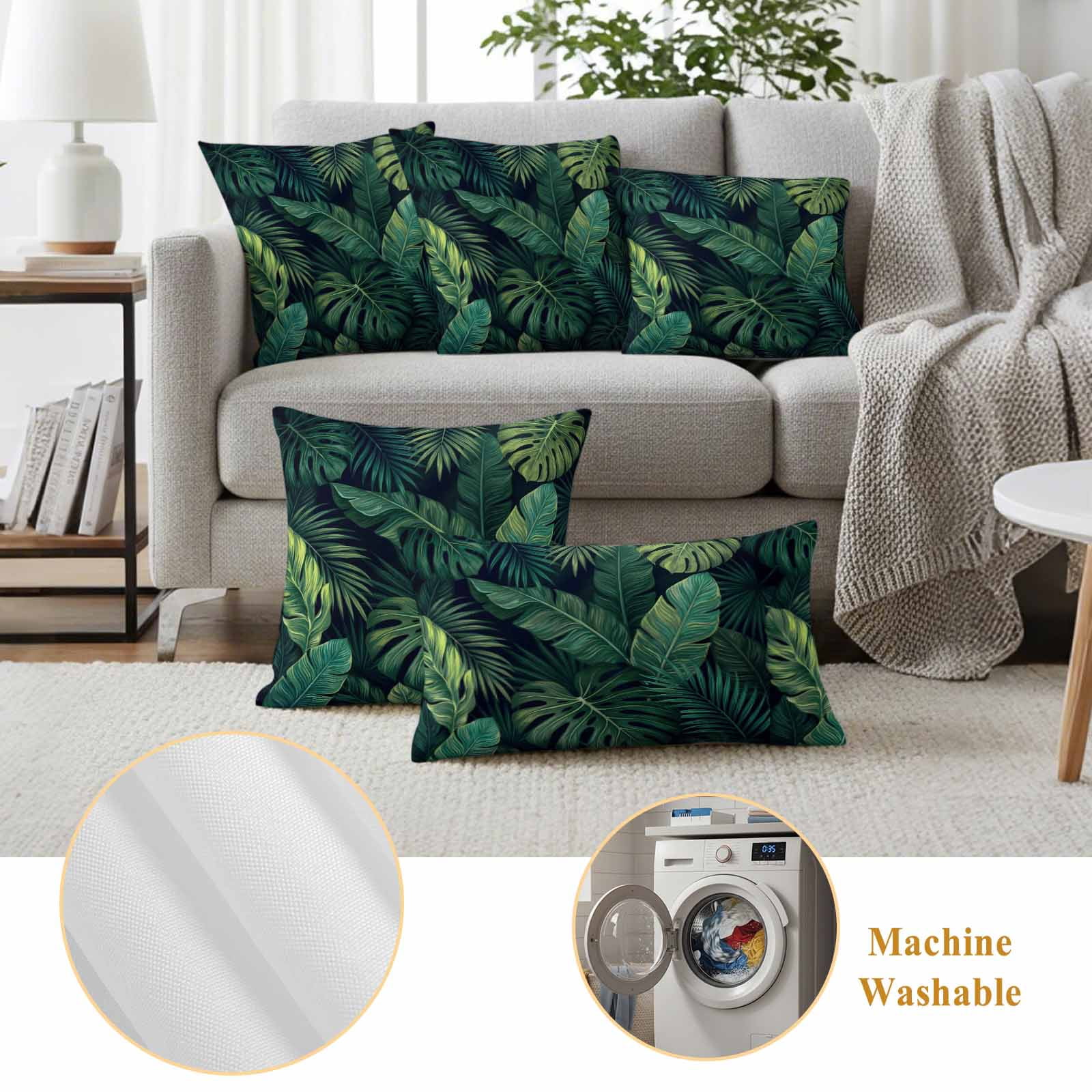 Tropical Plants Outdoor Waterproof Throw Pillow Covers 20x20 Set of 2, Summer Watercolor Green Palm Leaves Decorative Pillowcases Cushion Pillowcase for Couch Sofa Patio Outside Pillow Protector