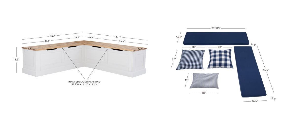 Linon Romero Backless Corner Nook with Storage, 5-Piece Cushion Set, Natural/White/Navy