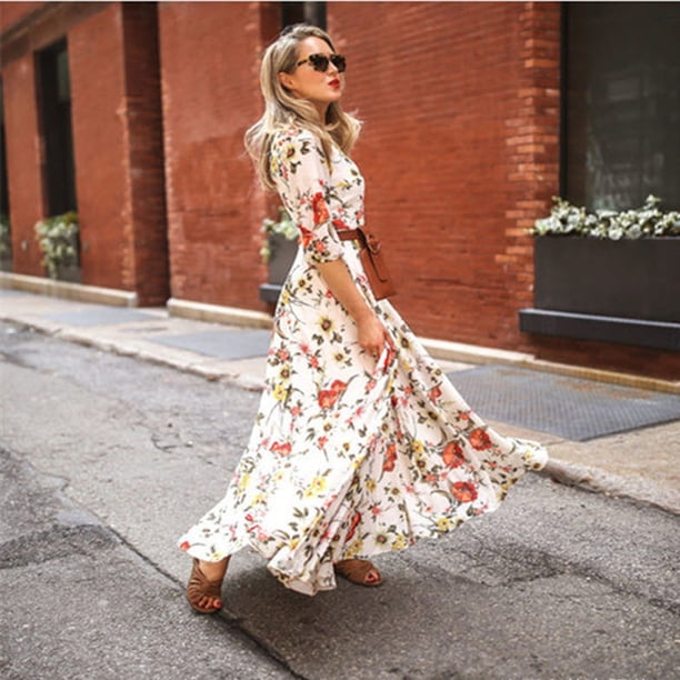 WILLBEST Vestidos Casuales para Mujer Cortos Vestido Maxi Floral de Gasa para Mujer Verano Primavera Otoño Vestido Largo con Falda Acampanada Traje Casual Ajustado Mediana