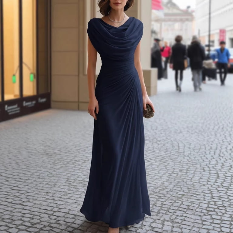 navy pleated bridesmaid dress Navy Crisscross Pleated Halter Floor Length Chiffon Bridesmaid Gown