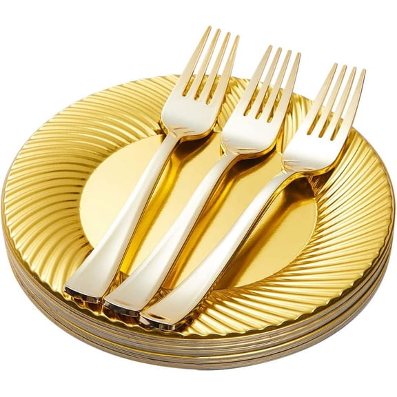 60pcs Gold Plastic Dessert Plates with Forks, Include 30pcs Disposable Dessert Plates 7 inch, 30pcs Gold Plastic Forks 7.4 inch for Parties Weddings Birthday