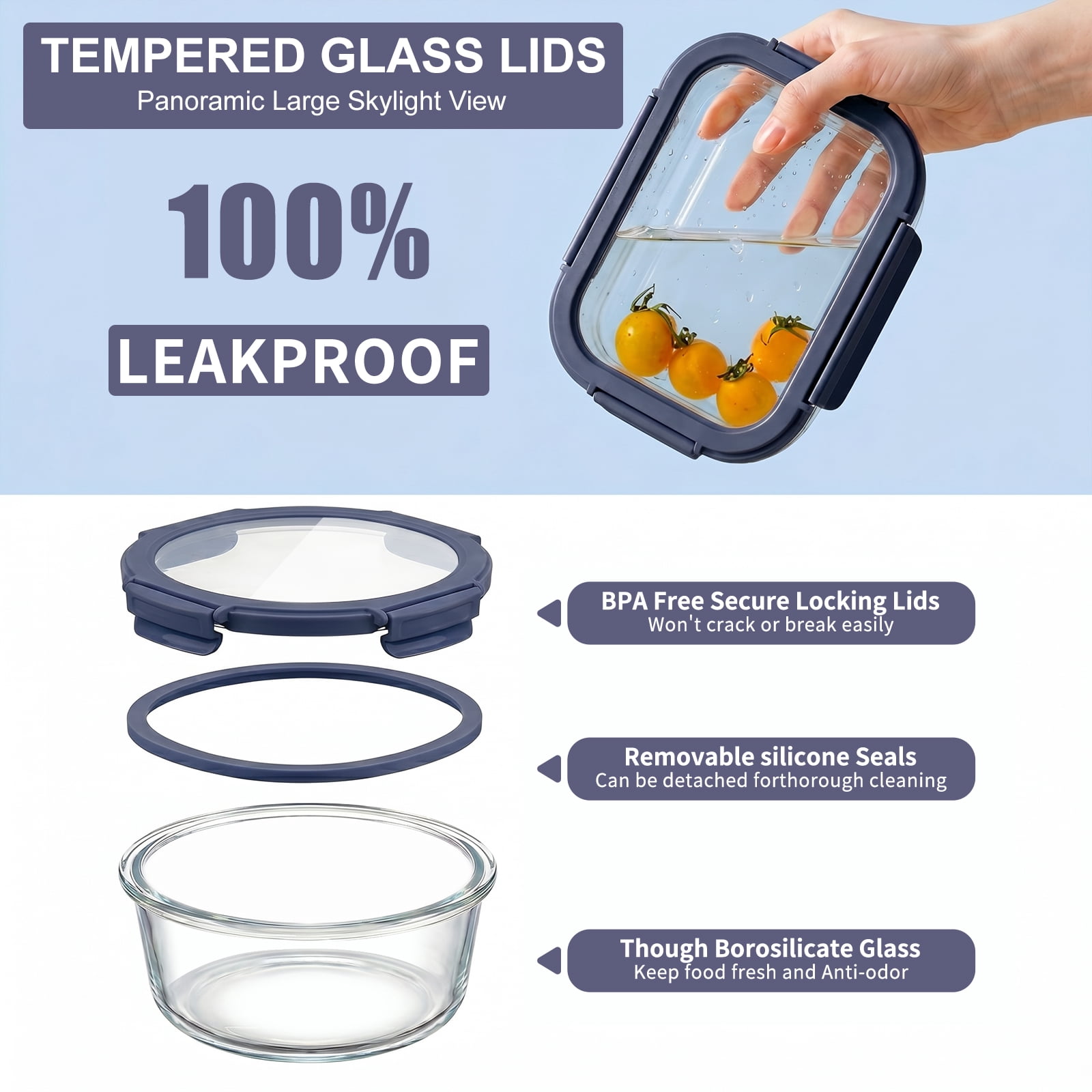 36 Pcs Glass Food Storage Containers with Tempered Lids Set, Borosilicate Oven-Safe(-4°F~950°F), Airtight Meal Prep Lunch Box Containers (18 Containers & 18 Lids), Blue