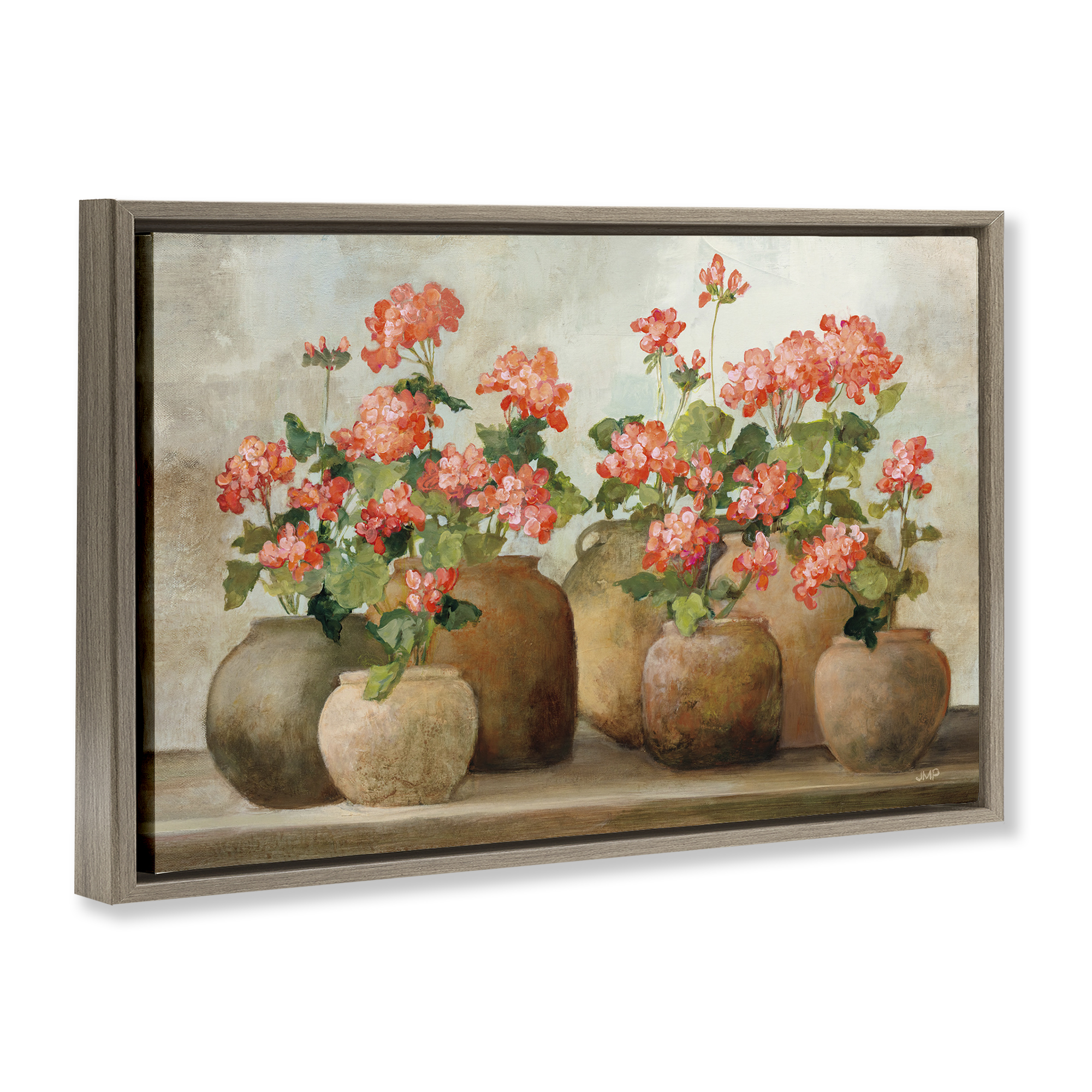 Stupell Industries Pink Cottage Geraniums Botanical & Floral Painting Brown Floater Framed Art Print Wall Art, 31 x 21