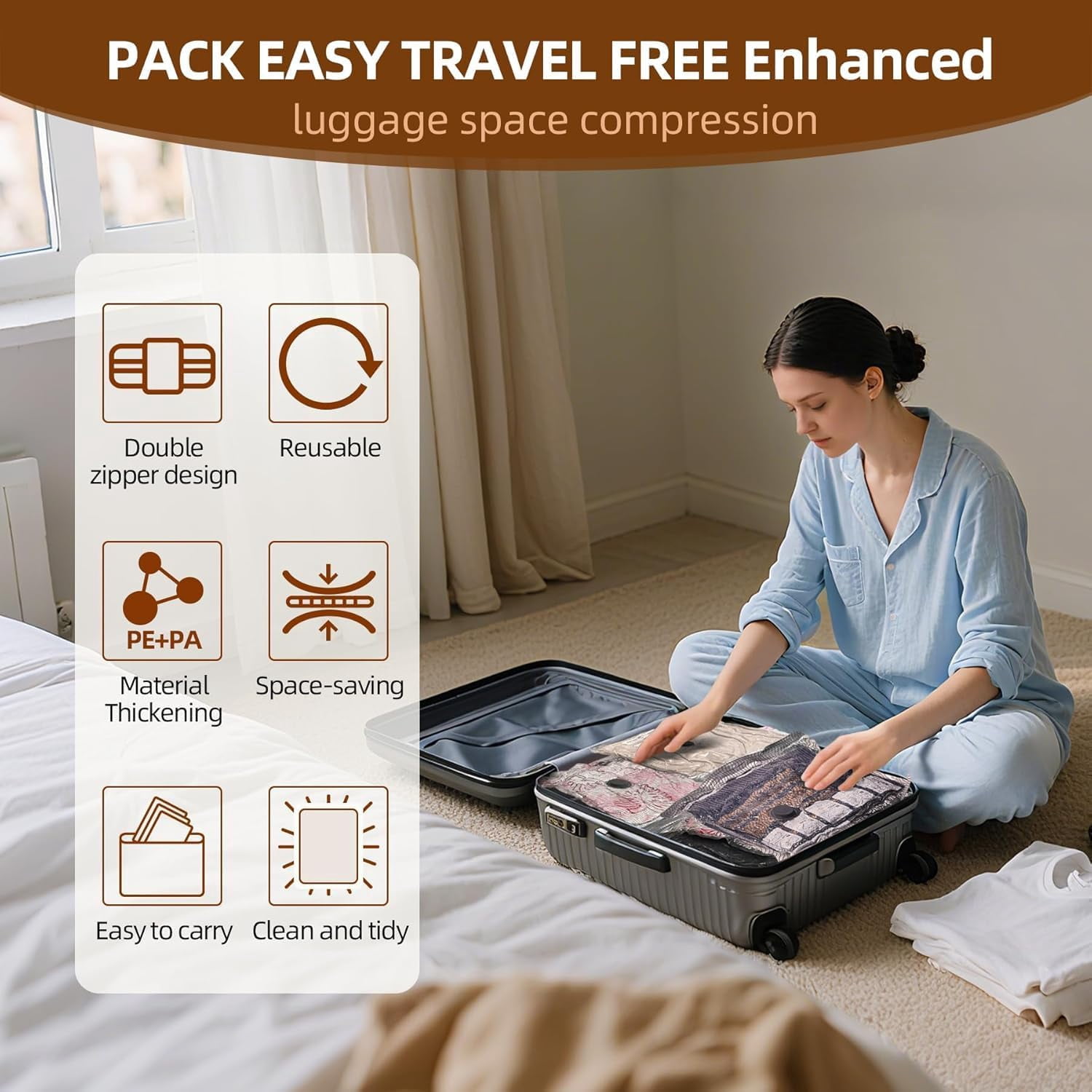 15 Pack Vacuum Compression Bags for Travel, Carry-on Size Seal Packing Cubes Luggage,Vacuum Storage Bags, Space Saver Clothes 80% Travel & Home(No pump)