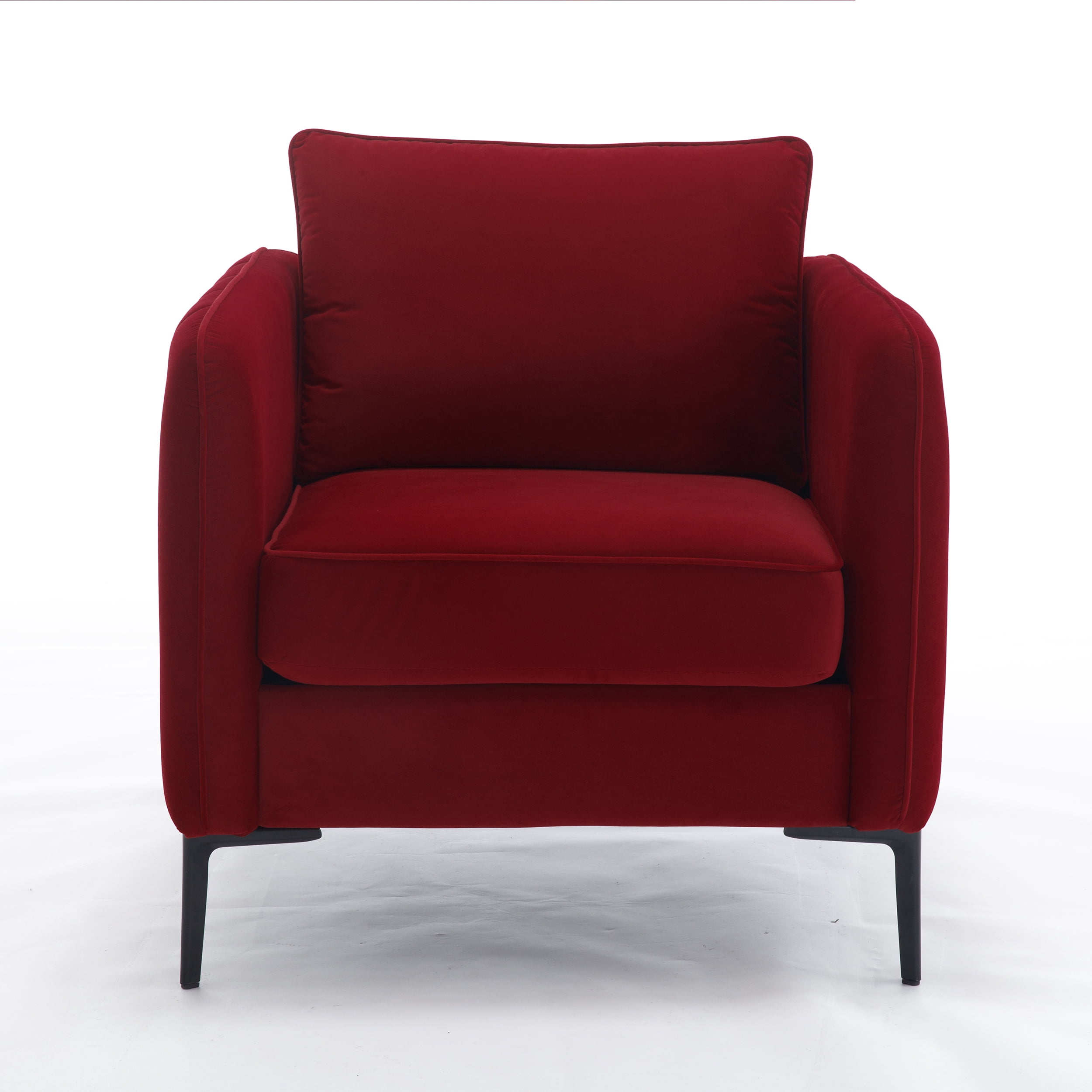 Aukfa Velvet Accent Chair with Channel-Tufted Arms, Modern Single Sofa Chair with Pillow & Metal Legs for Living Room & Bedroom, Burgundy Red