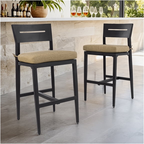 JERFIT 2-Pack Outdoor Bar Stools with Backrest & Footrest, Weather-Resistant Aluminum Bar Chairs for Patio, Poolside, Kitchen Island, Modern Ember Black & Linen Sesame Design