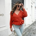 thumbnail image 5 of SGMVNU Women's Fall 2025 Wrap V Neck Long Batwing Sleeve Belted Waist Ruffle Knitted Sweater Pullover Top Fashion Fall Outfit Red, Size S, 5 of 9
