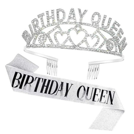 SKYSONIC Glitter Sash and Rhinestone Tiara Set - Birthday Party Decorations and Favors ()