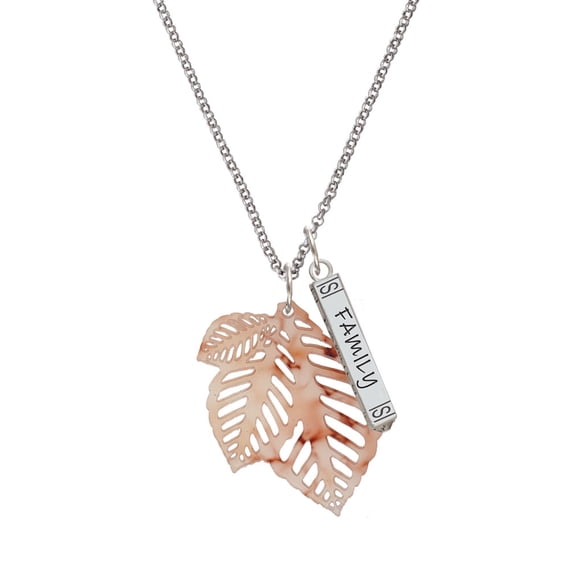 Delight Jewelry Acrylic Medium Triple Leaf Mixed Brown and Yellow Silvertone Family Bar Charm Necklace, 23"