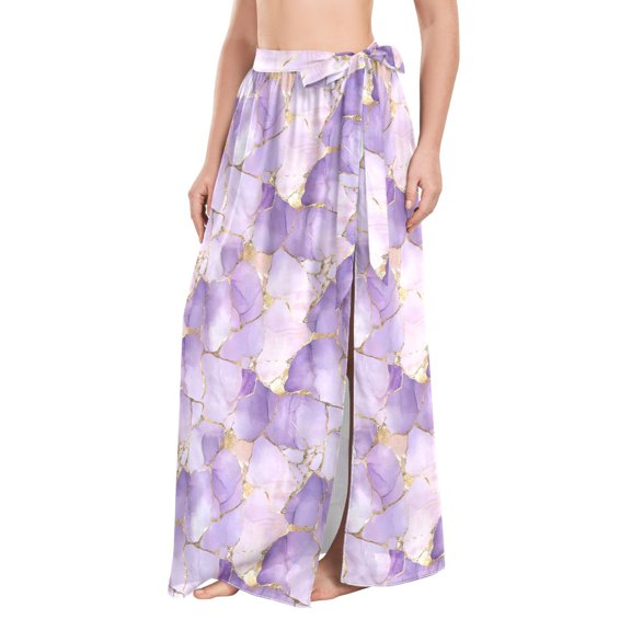 FORMRS Womens Long Sarong Beach Wrap Semi-Sheer Bikini Skirt Bathing Swimsuit Cover Up, Pastel Purple Marble Pattern