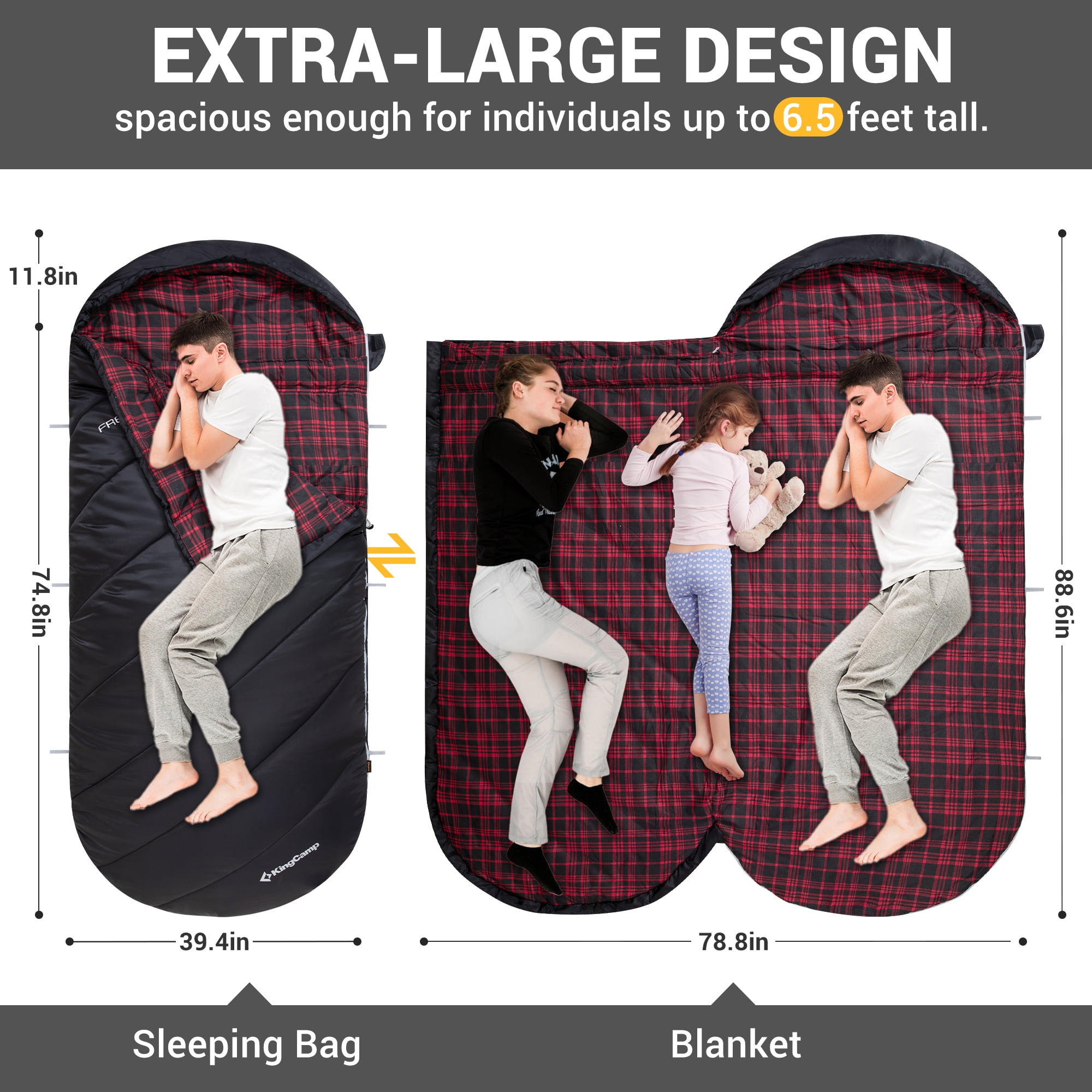 KingCamp XL Cotton Flannel Sleeping Bags, Oversized Weatherproof 3-Season Sleep bag with hood for Camping & Hiking & Backpacking, 17.6℉-54℉ (Black)
