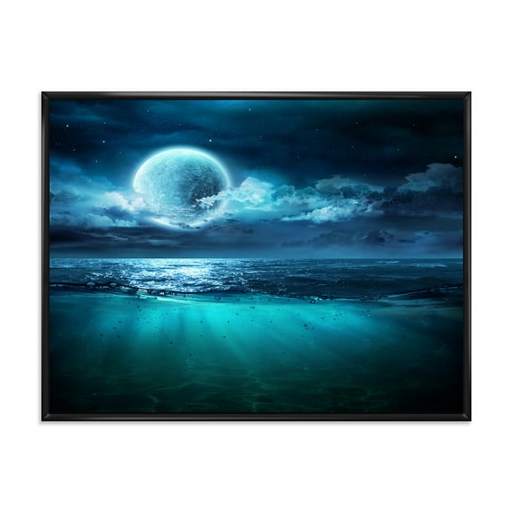 Designart 'Romantic Moon and Clouds Over Deep Blue Sea II' Nautical & Coastal Framed Canvas Wall Art Print