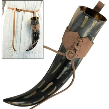 Armory Replicas Medieval 100% Natural Cow Drinking Horn with Brown Holder - 11 Inches, Handcrafted Ale Mug with Belt Loop