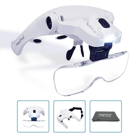 Headband Visor - MagniPros LED Illuminated Headband Magnifier Visor with Bonus Cleaning Cloth and 5 Detachable Lenses 1X, 1.5X, 2X, 2.5X 3.5X - (Upgraded Version) Hands-Free Head Worn Lighted Magnifying Glass