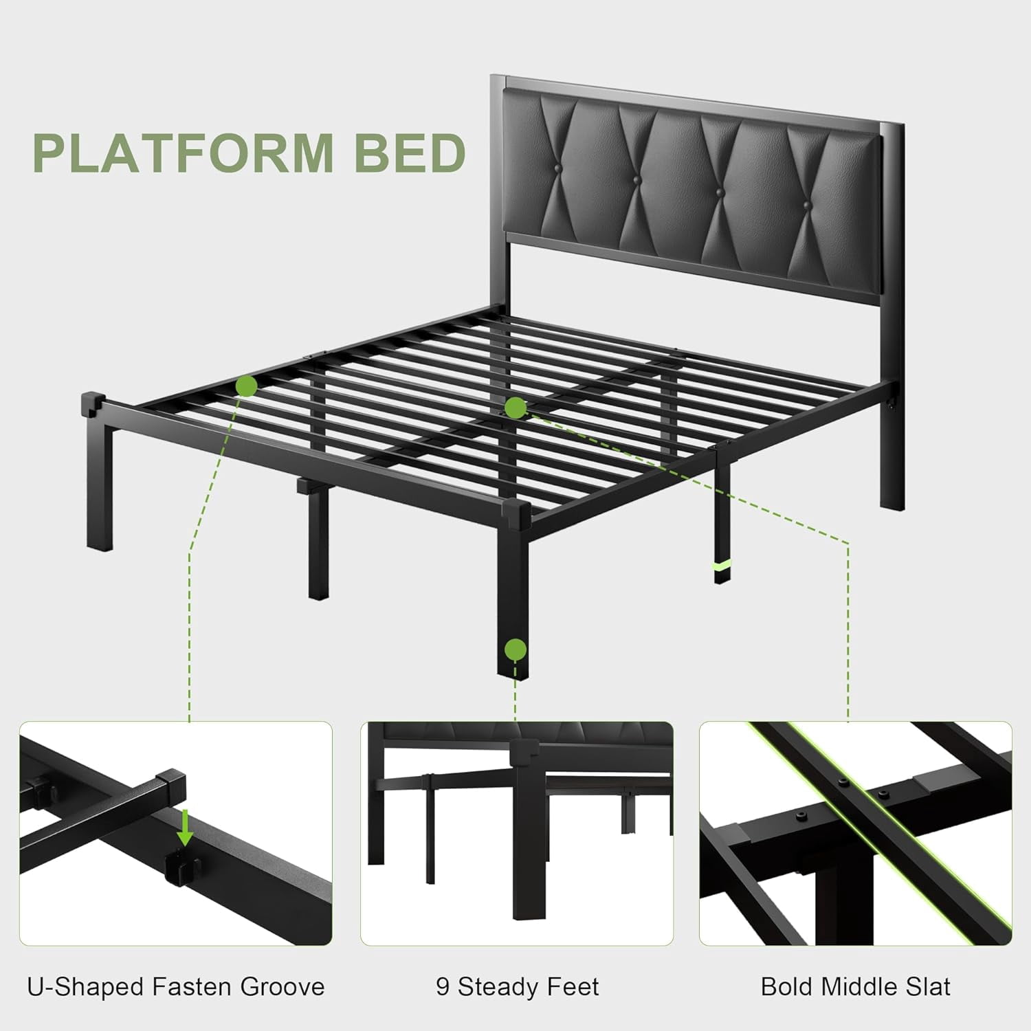 Feonase Full Size Metal Platform Bed Frame,Faux Leather Button Tufted Headboard&12" Underbed Storage,  Black