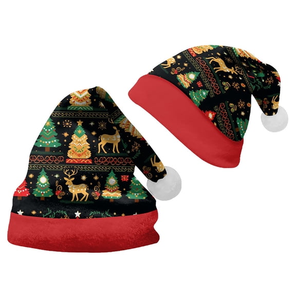 LIZUOJUN Under $5 Christmas Santa Hat For Adults Long Tail Style Snug Fit Holiday Hat Christmas Headwear Gift Snowflake Tree Print White Fur-Trimmed Brim White Pom Pom Accent, M