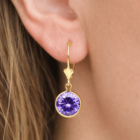 8mm Amethyst Gemstone Dangle Leverback Earrings In 14K Yellow Gold - February Birthstone