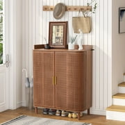 YOCWO Rattan Shoe Storage Cabinet with Doors, Shoe Closet with Iron Rattan Curved Surface, Walnut