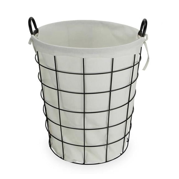 Homeroots 379818 Large White Fabric Lined Metal Laundry Type Basket with Handle