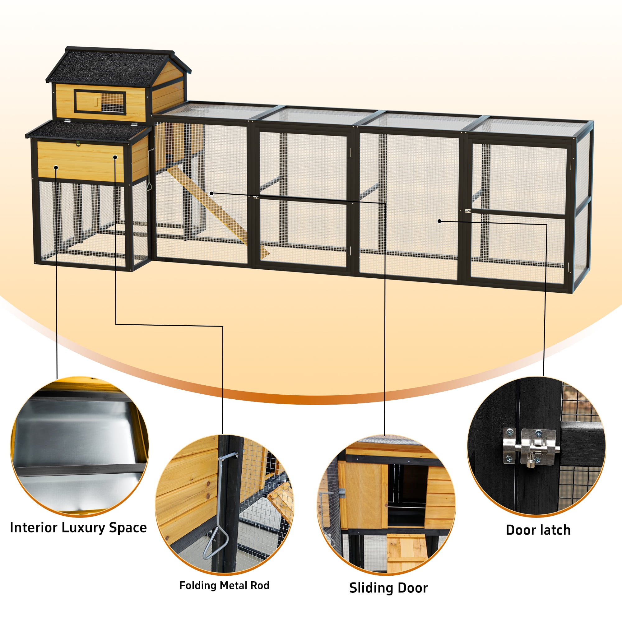 MAYEERTY 150" Black Large Wooden Chicken Coop with Run, Nesting Boxes Pull-Out Tray Sliding Door for 4-6 Chickens