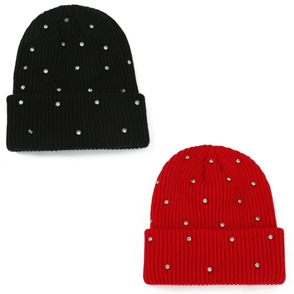 Warm Wool Beanie Hats for Women Girls Sparkly Rhinestones Winter Hat Fluffy Knitted Skull Cap