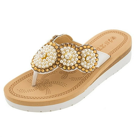 

Lyinloo Women Ladies String Bead Flat Flip-Flop Beach Casual Shoes Summer White 40