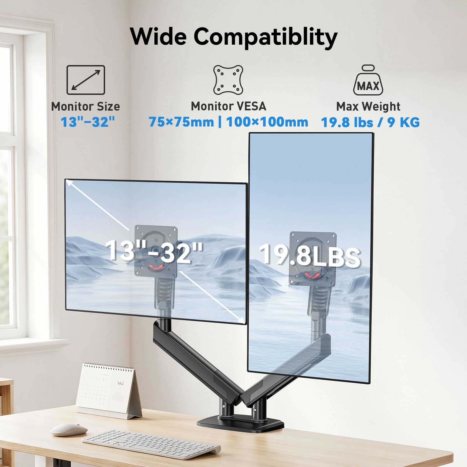 Kyspho FlowLift™ Dual Monitor Mount Stand for 13-32 inch Screens,Tool-Free Mount with MechaSpring,Full Motion Heavy Duty Visual Adjustment Arm Desk Mount, Max 100x100mm,Holds to 19.8 lbs per Monitor