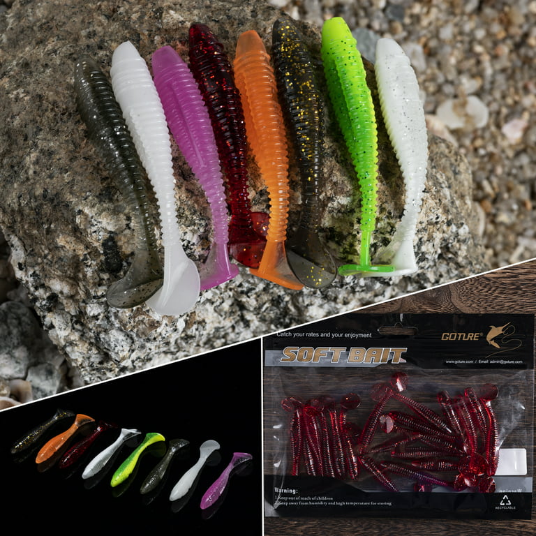 Goture Threaded T-tail soft bait Soft Fishing Lures Paddle Tail Swimbaits Soft  Plastic Lures Kit For Bass Trout 20pcs red 