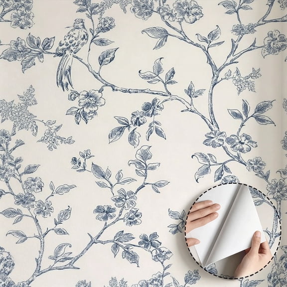Blue Toile Bird Floral Wallpaper Vintage Farmhouse Rustic Peel and Stick Wallpaper Contact Paper Waterproof Removable Home Decor for Living Room Bedroom Kitchen Cabinet Drawer Dorm Room 17.7 * 118 in