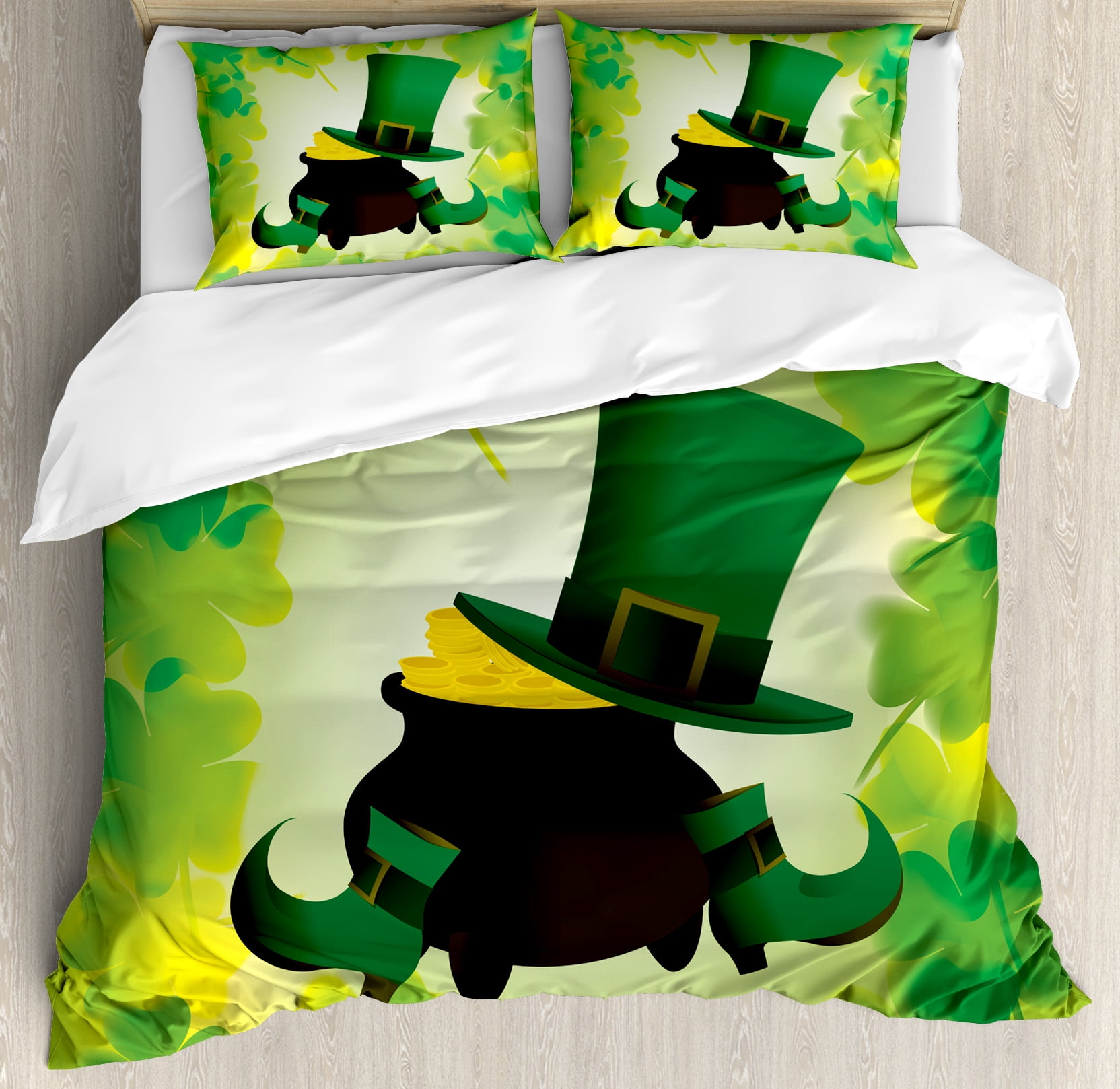 St Patrick S Day Queen Size Duvet Cover Set Leprechaun Hat And St Patrick S Day Queen Size Duvet Cover Set Leprechaun Hat And Shoes Costume With Pot Of Gold Shamrock Leaves Decorative 3 Piece Bedding 2
