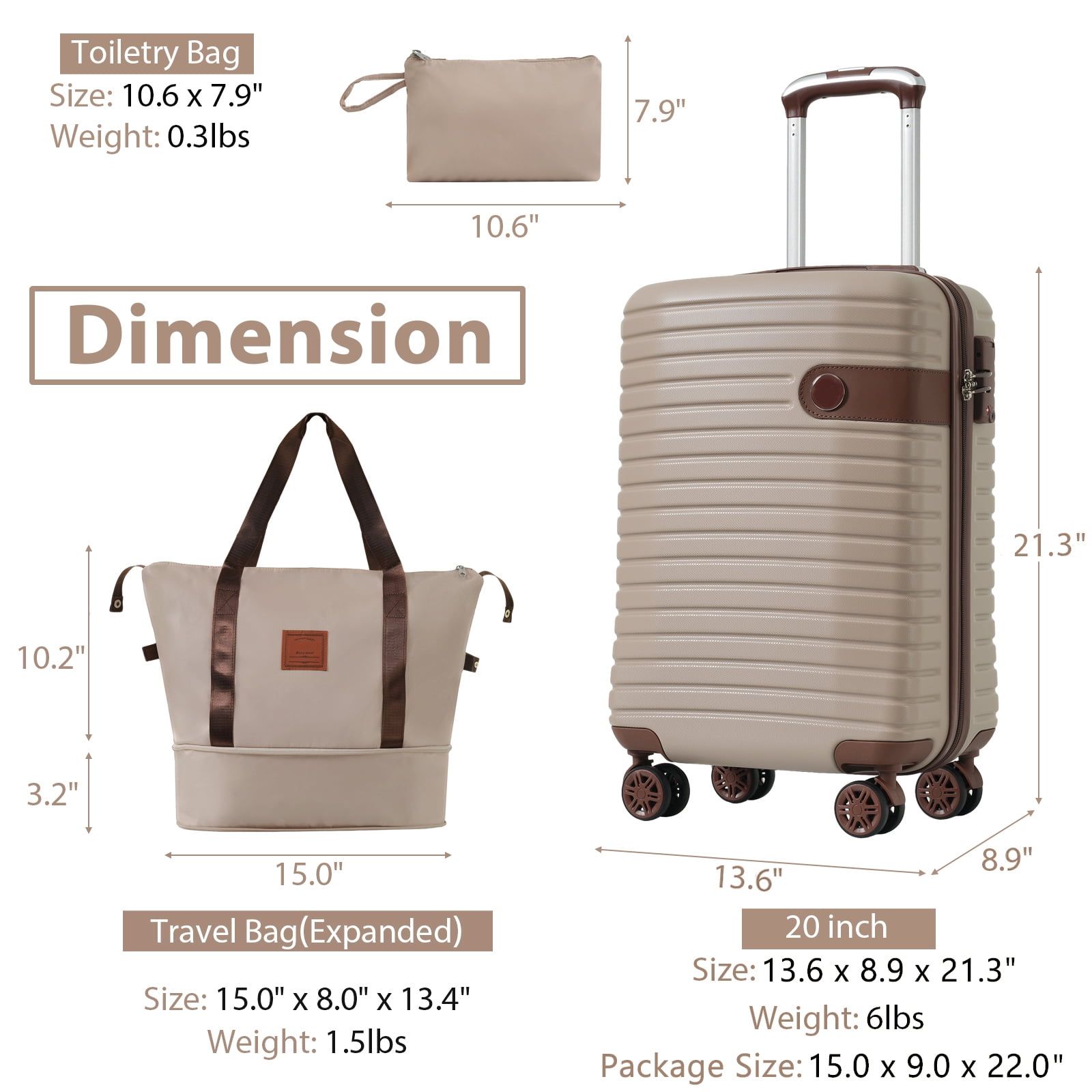 imerelez Luggage Sets 3 Piece Carry on Luggage 22x14x9 Airline Approved, Lightweight Hardshell ABS Suitcases with Wheels, 20 inch, Khaki