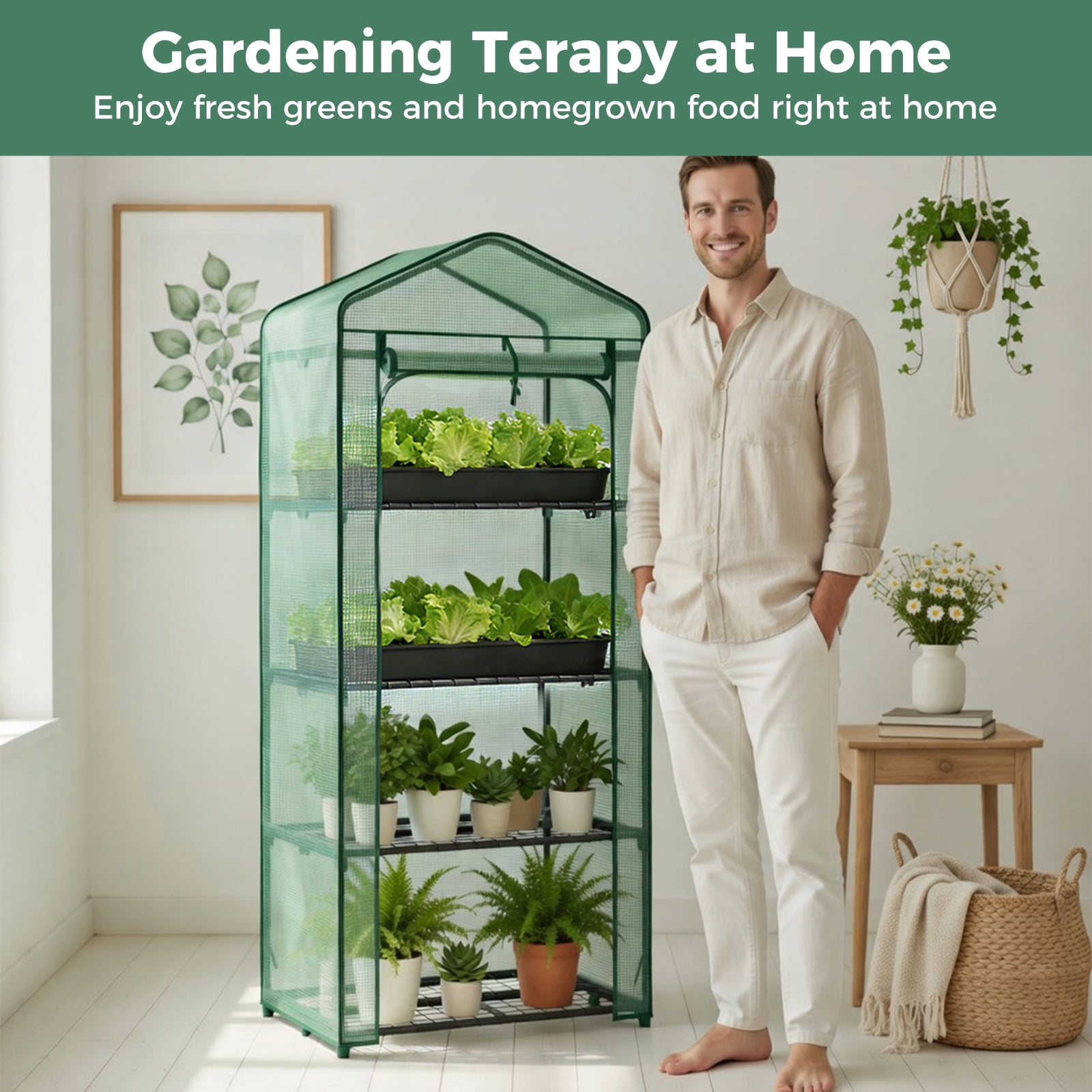 CONCETTA 4-Tier Mini & Portable Greenhouse with Rust-Resistant Steel Frame, Clear PVC Cover for Indoor or Outdoor Gardening, Green
