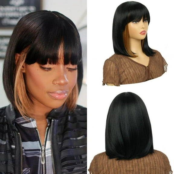 Creamily 10" Short Wigs for Black Women Straight Short Bob Wigs with Bangs Synthetic Black Bob Wigs with Brown Highlight
