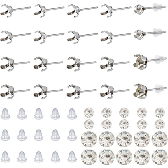 Rhinestone Stud Earring Making Kits 40 Pairs 2 Sizes 304 Stainless Steel Blanks Prong Earring Settings 80pcs Glass Pointed Rhinestones and 100pcs Plastic Ear Nuts for Earring Jewelry Making