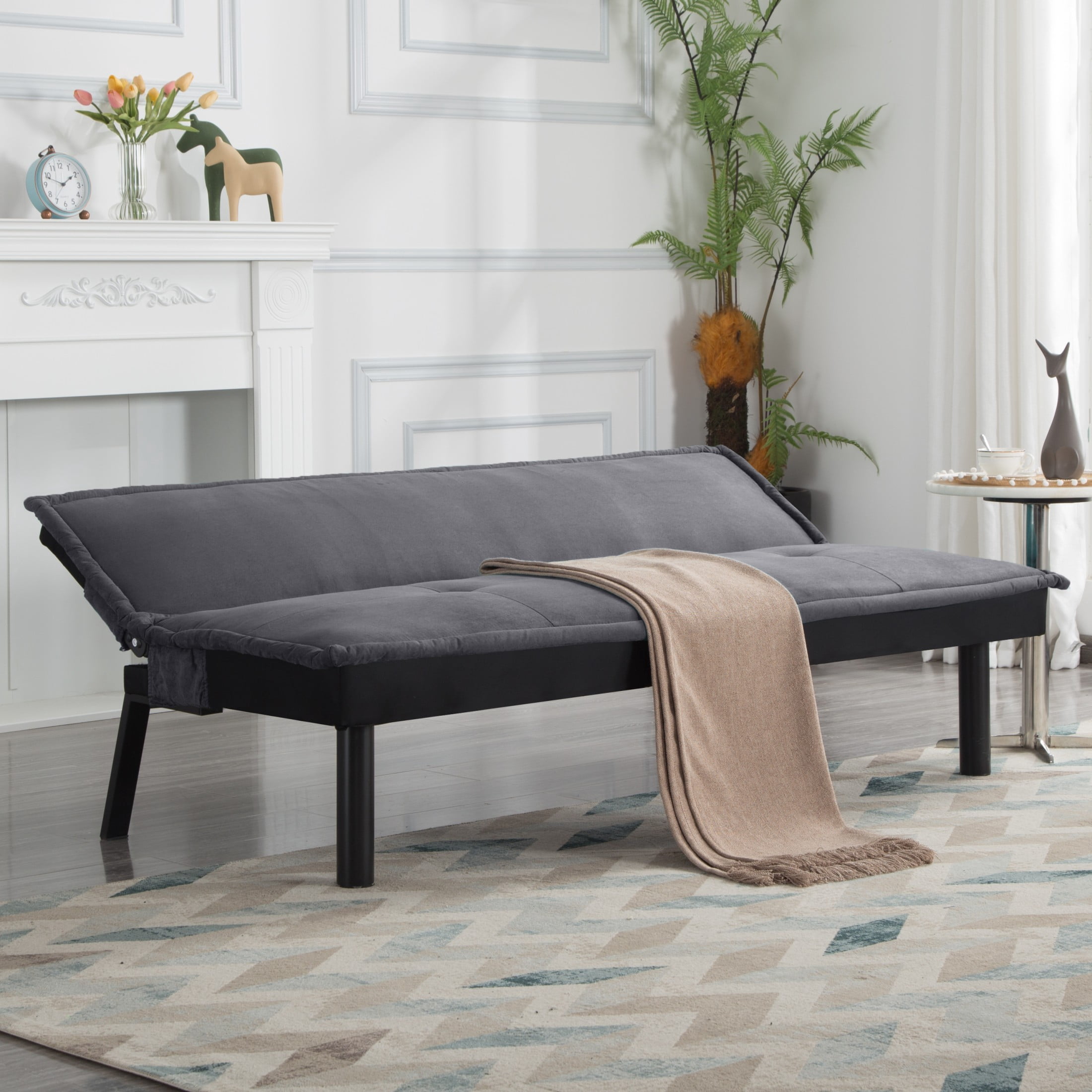 Gewnee 64.6" Convertible Sleeper Sofa Bed, Velvet Futon Couch with Push-Back Mechanism, Modern Sofa Bed for Living Room, Guest Room, Small Space(Dark Gray)