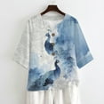 thumbnail image 4 of Xoenoiee Peacock Cloud Print Linen Button Down Shirt for Women 3/4 Sleeve V Neck Blouses Casual Summer Loose Fit Cotton Gauze Blouses, M, 4 of 7