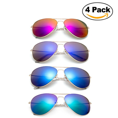 Newbee Fashion-4 Pack Classic Aviator Sunglasses Flash Full Mirror lenses Slim Frame Super Light Weight for Men Women Clear Tip UV Protection