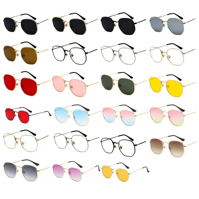 Becaristey PC Hexagone Hommes Femmes Lentille Polarisée à la Mode Matériaux de Protection Cadre Léger Argent Anti-Bleu 1Ensemble