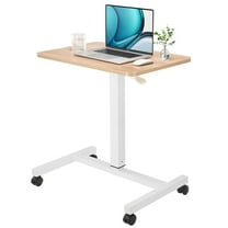 CLATINA Mobile Laptop Desk Pneumatic Sit to Stand Table Height Adjustable Rolling Cart with Lockable Wheels for Home Office Computer Workstation 28" x 19" Beige Round Edge Design Elegant