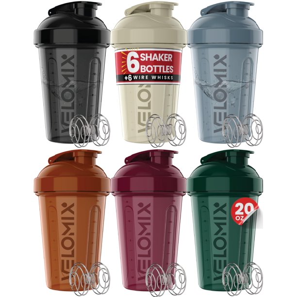Botella shaker para proteína VELOMIX, paquete de 6, 20 oz, a prueba de fugas