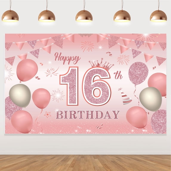 Happy 16th Birthday Banner, Rose Gold Happy 16th Birthday Backdrop Banner for Girls, Sweet 16 Birthday Decorations, Happy 16th Birthday Banner for Girls