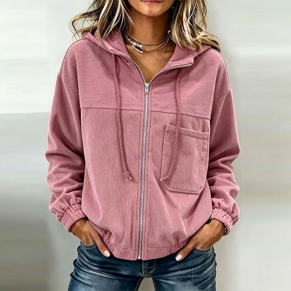 WCMZJ Women's Corduroy Hooded Zip Up Jacket Drawstring Hood Relaxed Fit Casual Daily Layering Outerwear Coat with Pocket