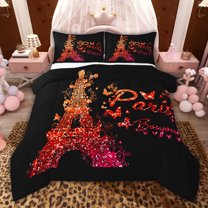 jejeloiu Chic Paris Architecture Twin Comforter Sets,Red Eiffel Tower Bedding Set For Girls Kids Reversible 2-Piece