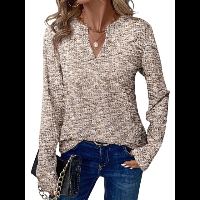 Blusas de Punto Gofre para Mujer, Camisas de Larga con Cuello en V, Blusas Casuales Elegantes Estilo Henley, Conjuntos de Otoño 2025 Albaricoque L