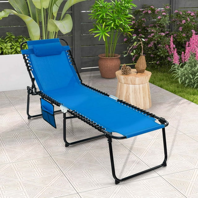 Costway Chaise Longue Pliante de Patio Portable avec Dossier Réglable Bleu Marine