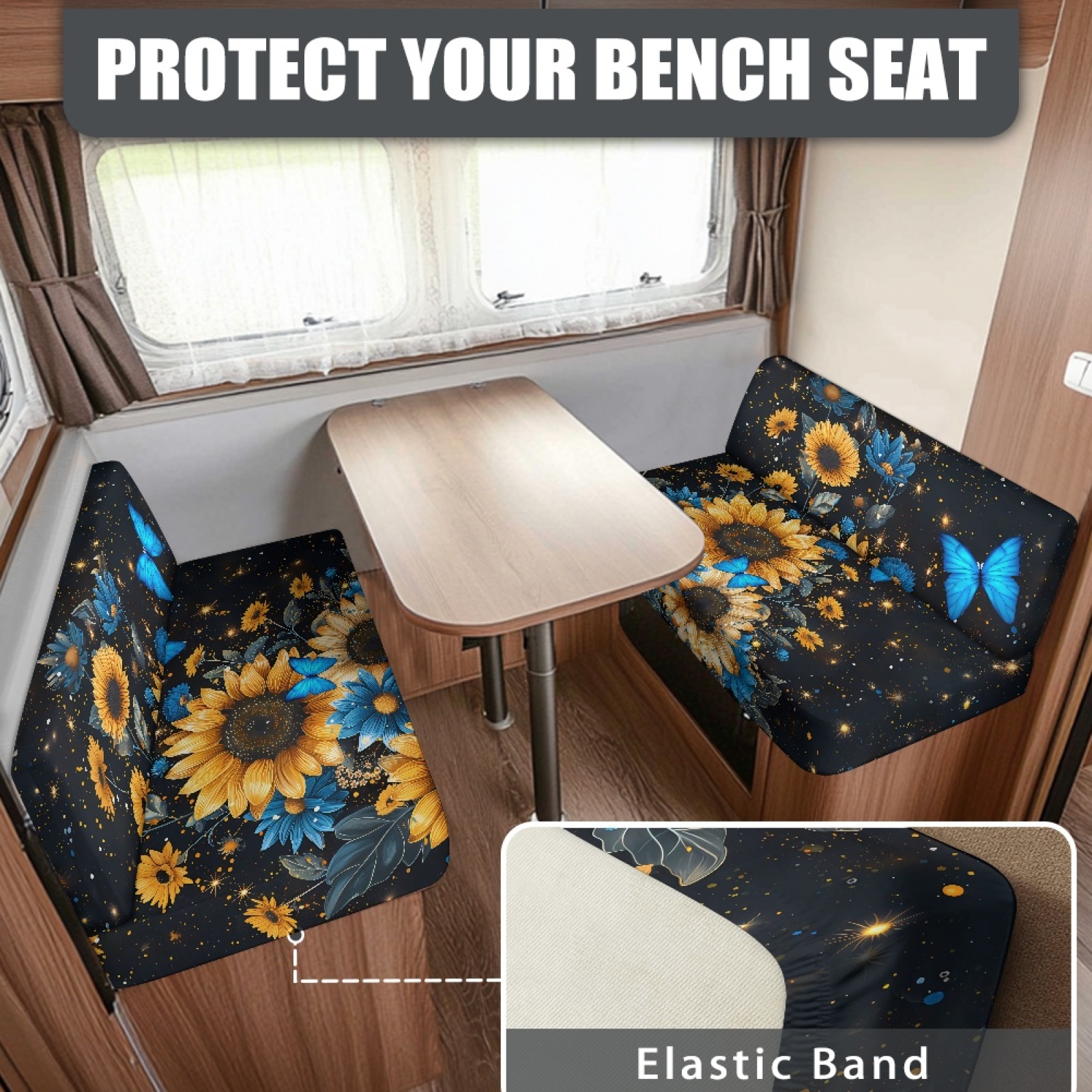 FORUDESIGNS Butterfly Sunflower Pattern 2 Pcs RV Dinette Cushion Covers Washable Camper Cushion Slipcover Stretch Camper Seat Covers Dinette Booth Sofa Slipover for Travel Trailer Couch