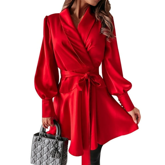 Women'S Long Sleeve V-Neck Tie Shirt Dress Casual A-Line Short Mini Dress Red M