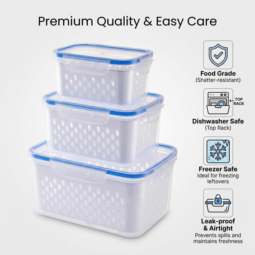 4 in 1 Food Storage Container for Fridge Produce Keeper with Lid and Removable Strainer Vegetable Storage ＆ Multipurpose Large Fruit with Drain Basket (3pcs Black)