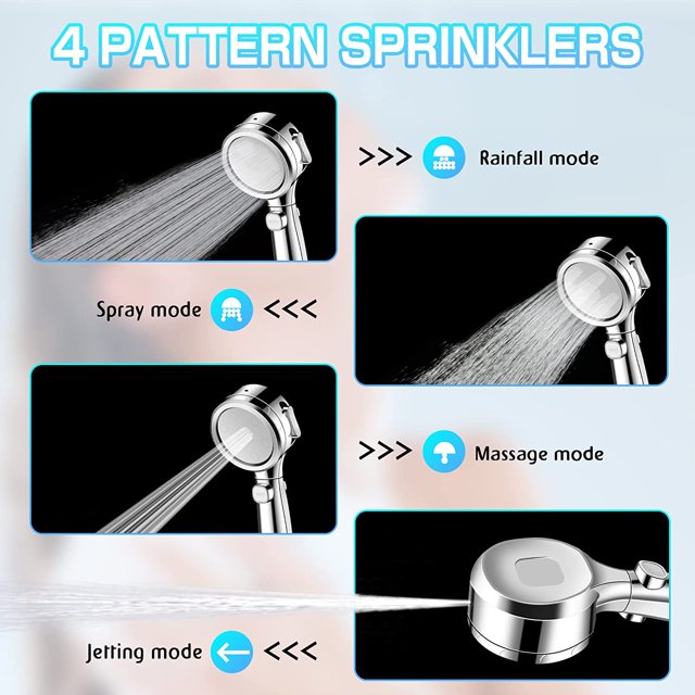 Cabezal de ducha con ahorro de agua Cabezal de ducha LED de alta presión 3 elementos filtrantes y 4 tipos de chorro y esponja de ducha con modo aerógrafo Aumento de presión para limpieza